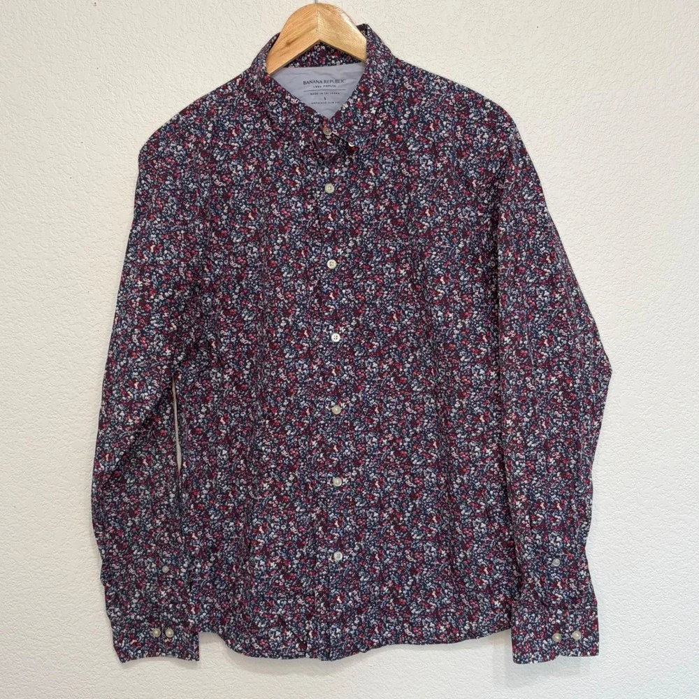 Banana Republic Luxe Poplin Shirt Mens Large Untucked Slim Fit Floral Red Blue